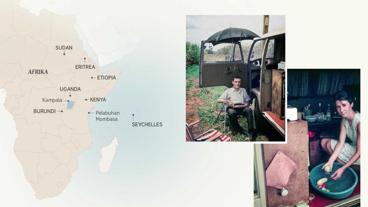 Gambar: 1. Péta Afrika sing nduduhké ning endi waé Stephen Hardy tau nglayani. 2. Stephen lagi lungguh ing samping mobilé. 3. Barbara lagi ngresiki sayuran.