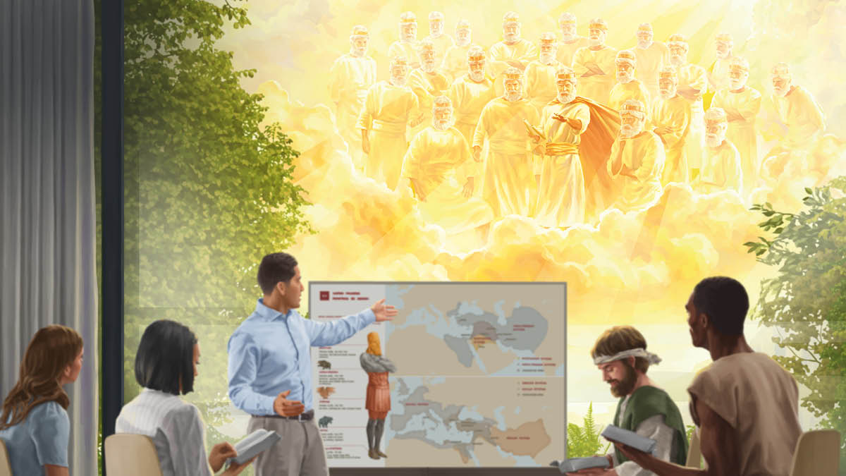 Gambar iki mèh padha kaya gambar sing dibahas ing artikel sakdurungé. Yésus karo 144.000 ndelok saka swarga. Ana sedulur lanang sing lagi mulang wong-wong soal patung gedhé ing mimpiné Raja Nébukhadnézar.