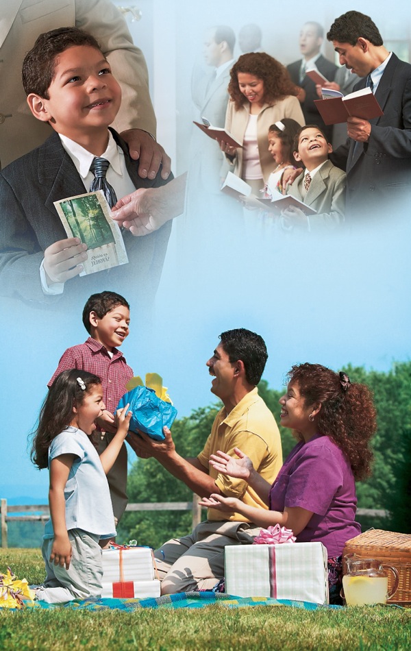 Scenes of a family preaching the good news, worshipping together at a Christian meeting, and exchanging gifts at a picnic