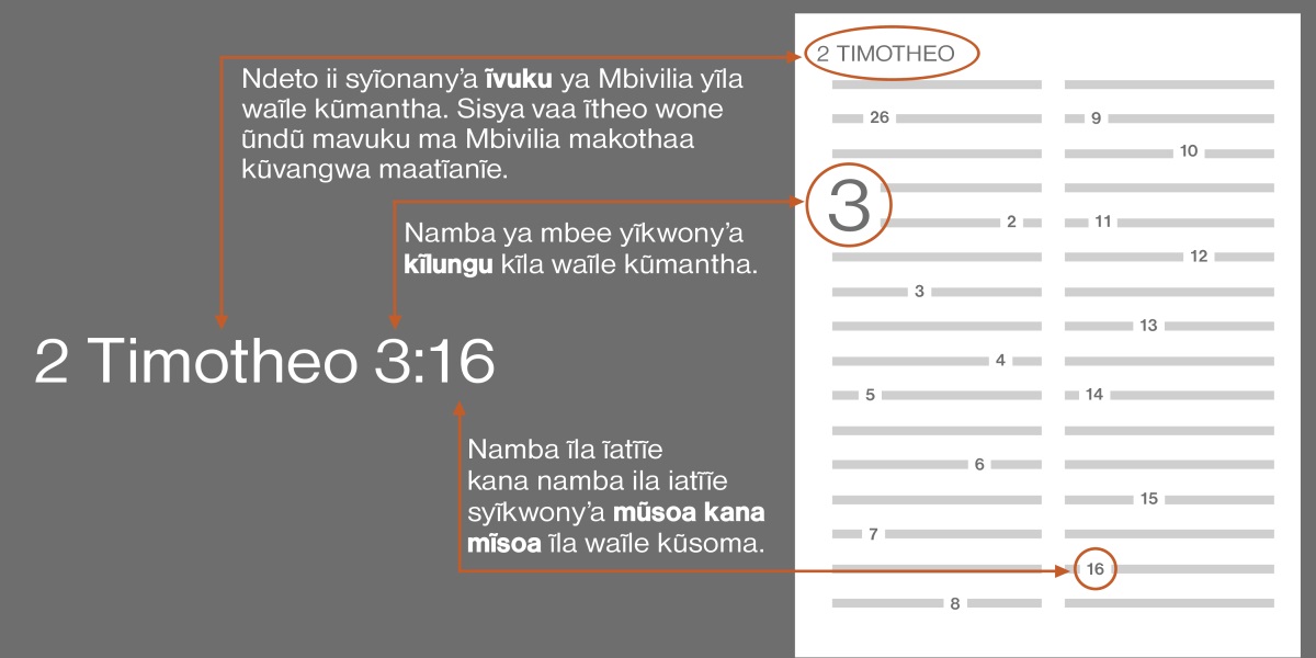 Ũndũ ũtonya kũkwata mĩsoa ya Mbivilia, ta kwa ngelekanyʼo ũtũmĩĩte ĩandĩko ya 2 Timotheo 3:16. Ĩandĩko yĩu nĩyĩkwonetye nĩ ĩvuku yĩva ya Mbivilia waĩle kũmantha, ta 2 Timotheo (sisya vaa ĩtheo wone mũvangĩle ũla ũkothaa kũatĩĩwa). Namba ya mbee nĩkũtavĩtye kĩlungu kĩla waĩle kũmantha, ta kĩlungu kya 3. Nasyo namba ila iatĩĩe syĩonanyʼa mũsoa kana mĩsoa ĩla ũũsoma, ta mũsoa wa 16.