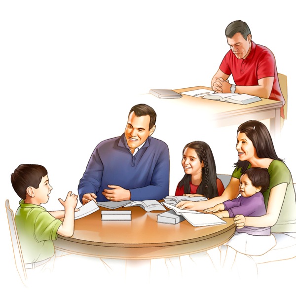 A father prepares to study with his family and they later enjoy family worship