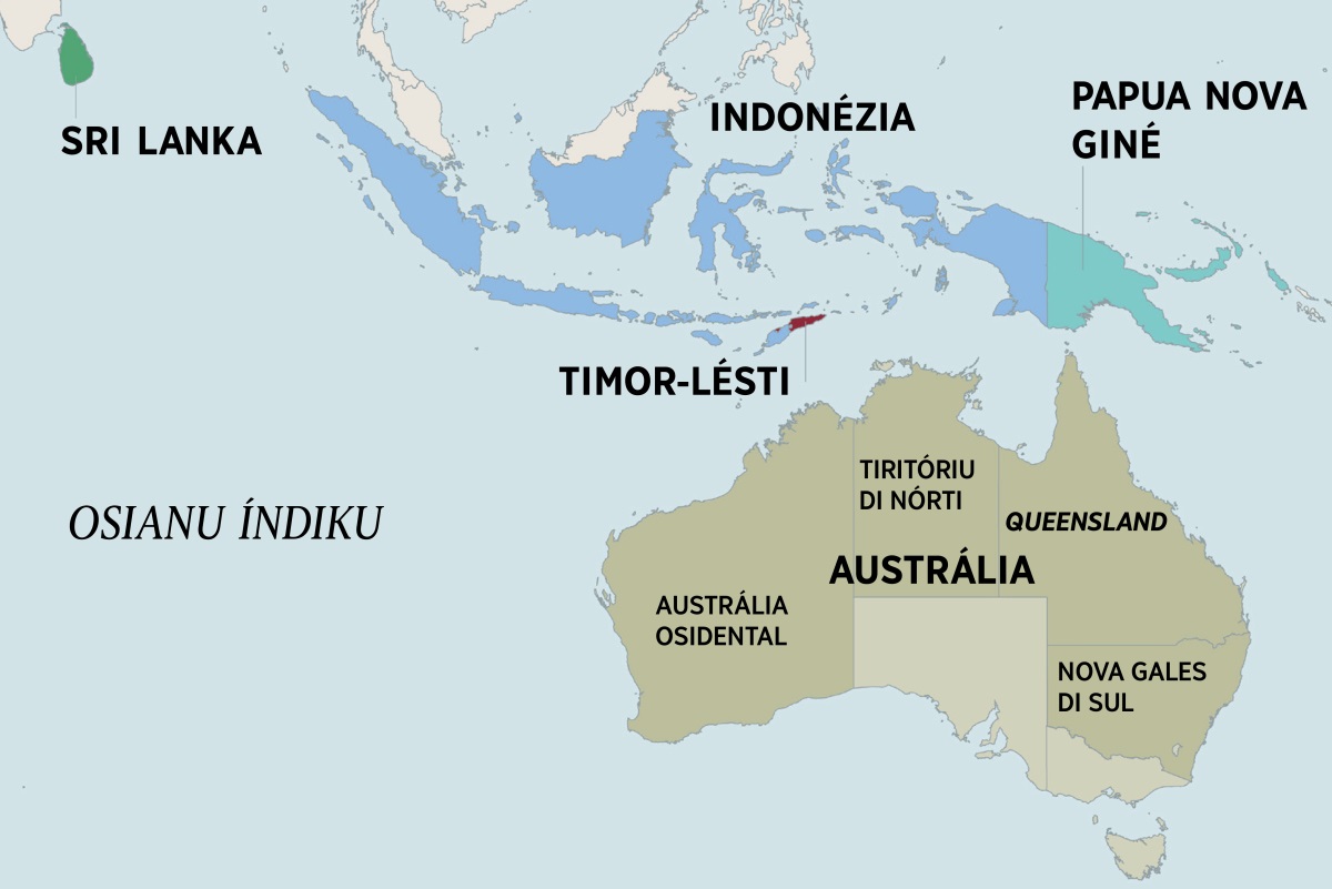 Un mapa di Austrália i otus país pértu di el, sima Sri Lanka, Indonézia, Papua Nova Giné, i Timor-Lésti. Kel mapa di Austrália tanbê ta mostra kel Tiritóriu di Nórti i pártis di Austrália Osidental, Queensland, i Nova Gales di Sul.