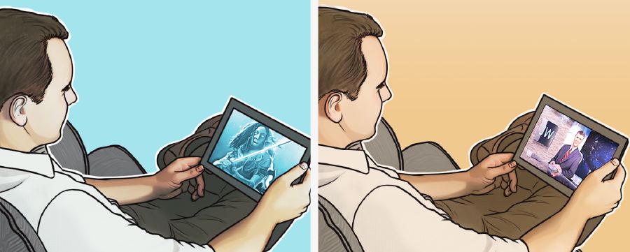 Un irmon ta odja un filmi ki é ka dretu na se tablet; un irmon ta odja un prugrama na JW Broadcasting