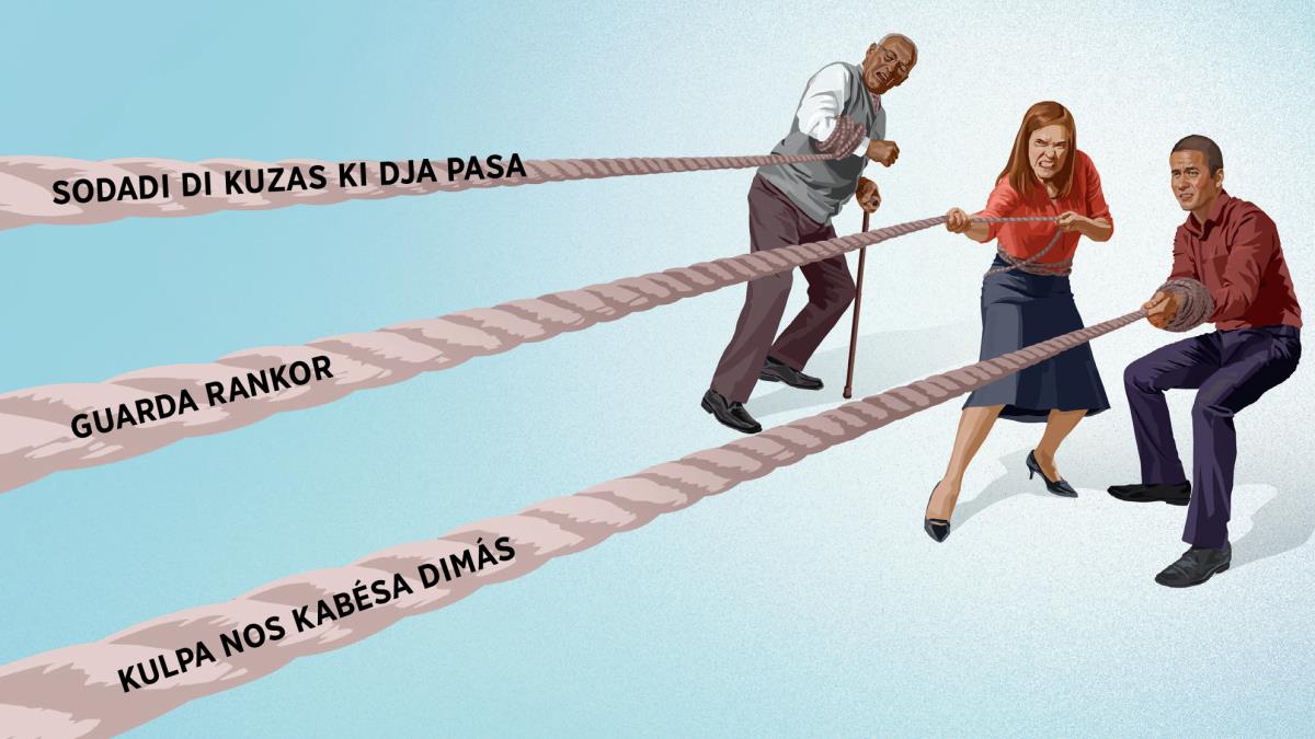 Un irmon di idadi, un irman i un irmon jóven kada un di es sta ta puxa un kórda. Na kes kórda sta skrebedu ‘sodadi di kuzas ki dja pasa’, ‘guarda rankor’ i ‘kulpa nos kabésa dimás’.