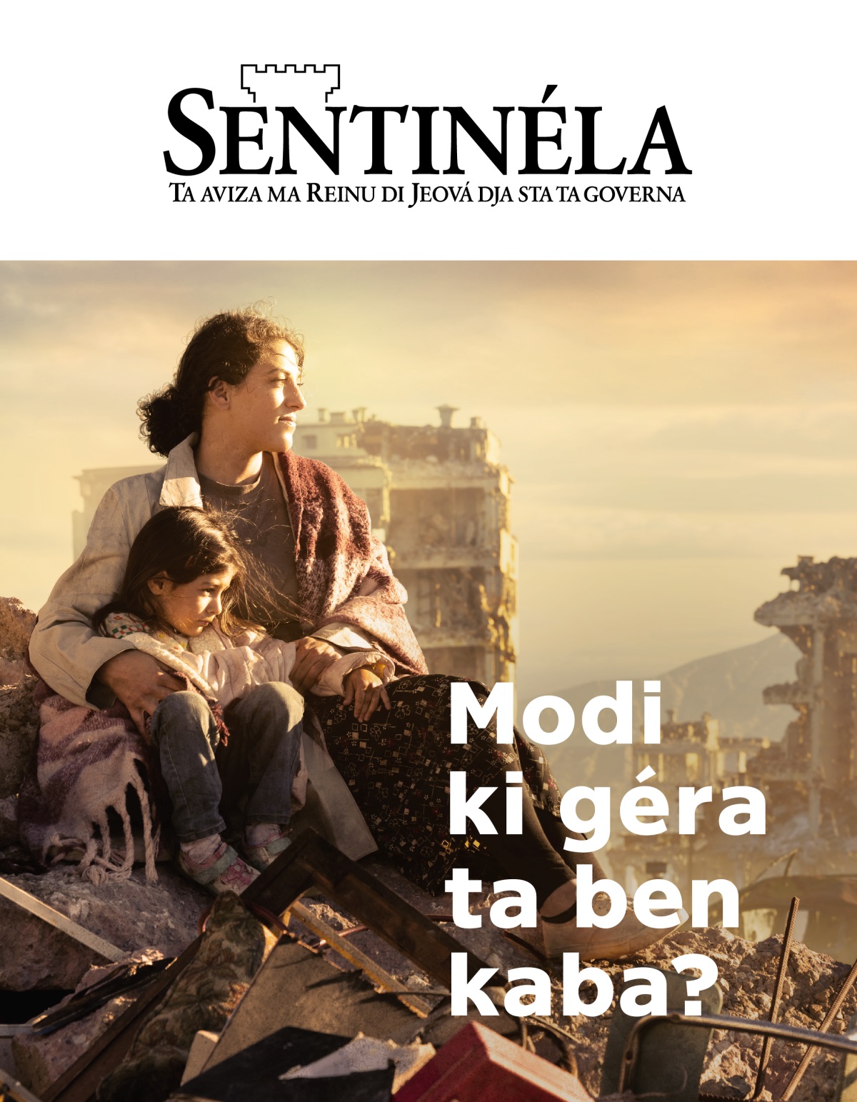 Un mudjer ku se fidju-fémia brasadu i es dôs sta xintadu riba di un monti kuzas ki resta di distruison di un sidadi pamodi géra. Sta un monti prédiu ki distruídu na ses vólta.