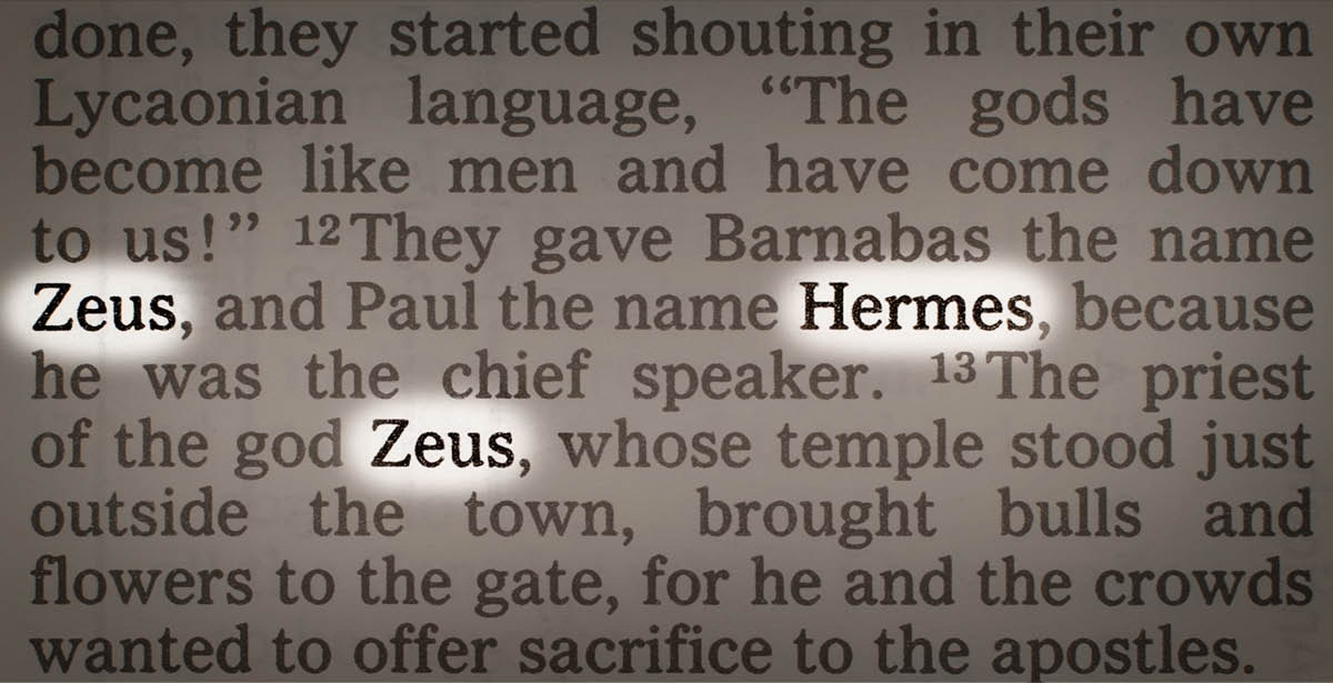 Lutiti mosi ya Biblia. Zina ya Zeus ti ya Hermes ke monana pwelele.