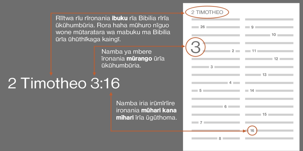 Rĩandĩko rĩa 2 Timotheo 3:16 rĩhũthĩrĩtwo rĩrĩ ngerekano ya ũrĩa ũngĩona mĩhari ya Bibilia. Ũhoro ũrĩa ũheanĩtwo nĩ ũronania ibuku rĩa Bibilia rĩrĩa ũgwetha, ta ibuku rĩa 2 Timotheo (rora mũtaratara ũrĩa ũrũmĩrĩire wa mabuku ma Bibilia ũrĩa ũhũthĩkaga kaingĩ). Namba ya mbere yonanagia mũrango ũrĩa ũgwetha, ta rĩu mũrango wa 3. Namba iria irũmĩrĩire cionanagia mĩhari ĩrĩa ũgũthoma, ta rĩu mũhari wa 16.