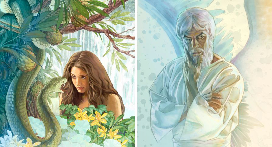 Omweengeli omukolokoshi, Satana Ondiaboli, ta popi naEva okupitila meyoka