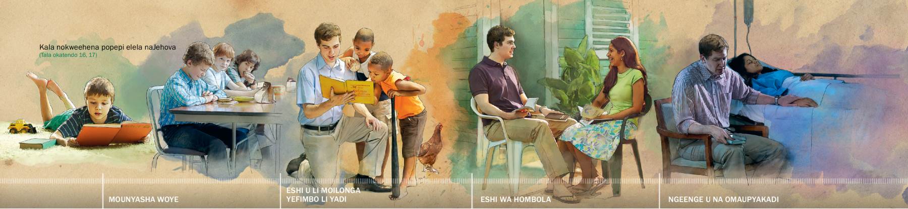 Omulumenhu omunyasha ta pameke ekwatafano laye naJehova: 1. Momukokomo womido odo e li mofikola; 2. Eshi e li moilonga yefimbo li yadi; 3. Eshi a hombola; 4. Eshi a taalela omayeleko