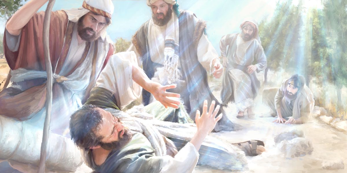 Şawûl xwe davêje erdê gava ji ezmên şewq dikeve li ser wî