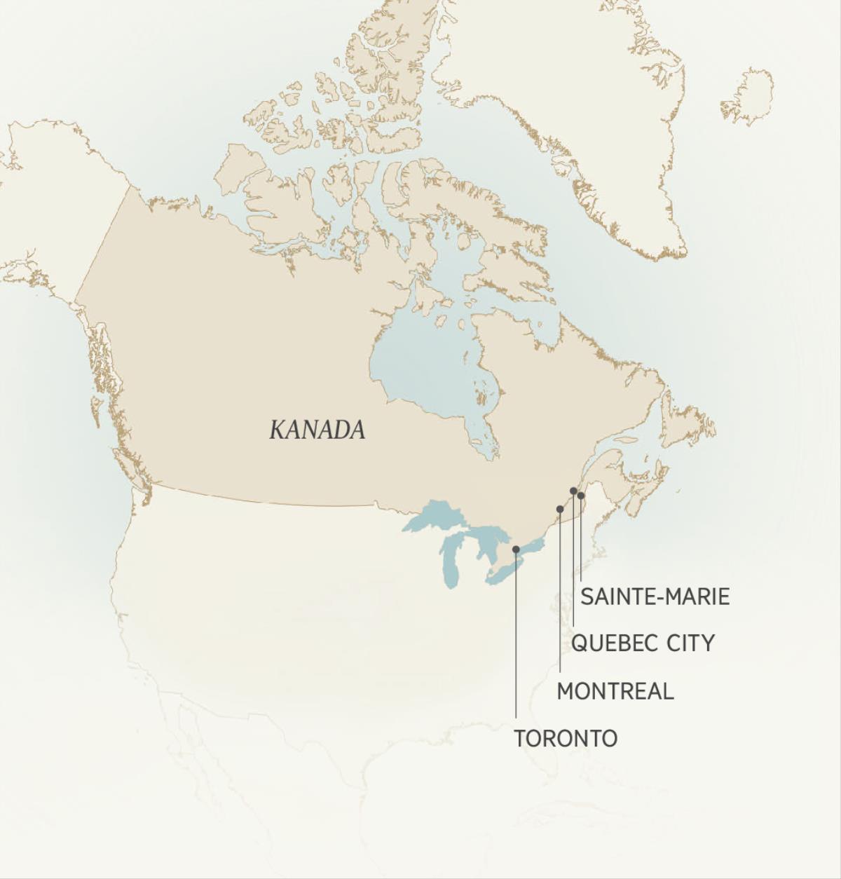 Xerîteya bajarên ku Léonce Crépeault xizmet dikir: Sainte-Marie, Quebec City, Montreal û Toronto.