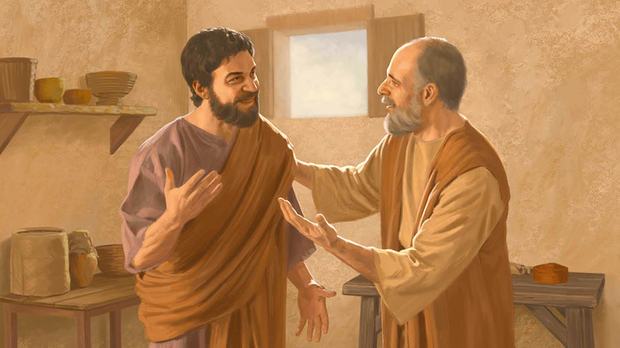 Pawlosê şandî û Apolos bi kêfxweşî bi hev re sohbetê dikin.