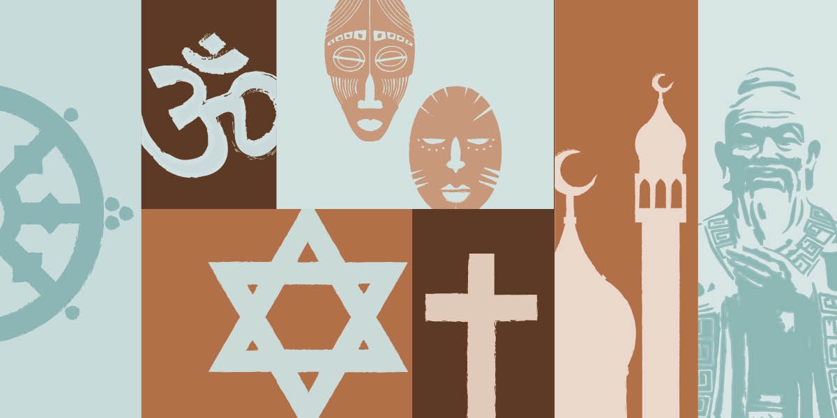 Sîmbolên cûre-cûre rêlîgiya, yên usa ça Budîzm, Hinduîzm, hine rêlîgiyên Afrîkayê, Cihûdî, Mesîhî, Misilmantî, û Konfûsîanîzm.