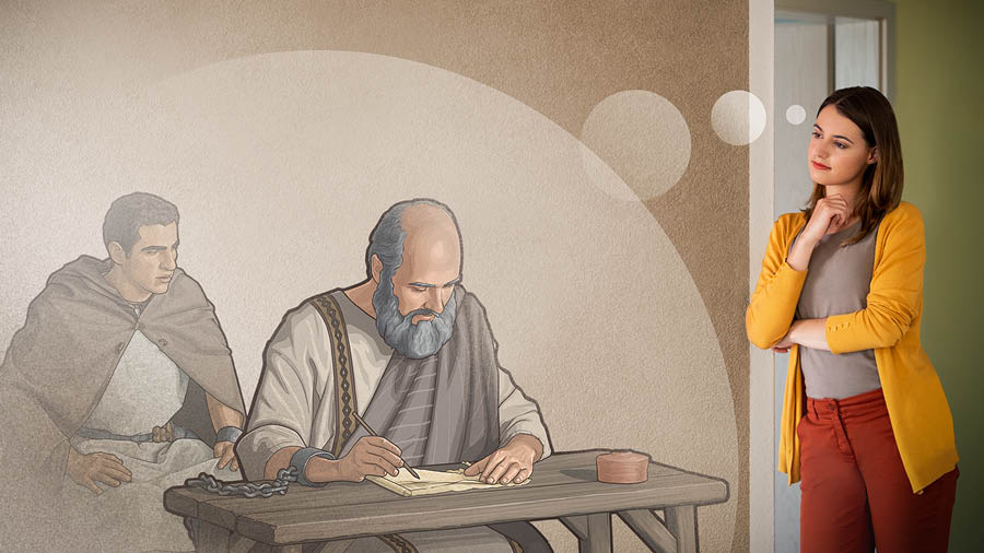 Xûşk dide ber çevê xwe gava Pawlosê şandî nema xwe dinivîsî, ew çawa bi zincîra girêdayî bû.