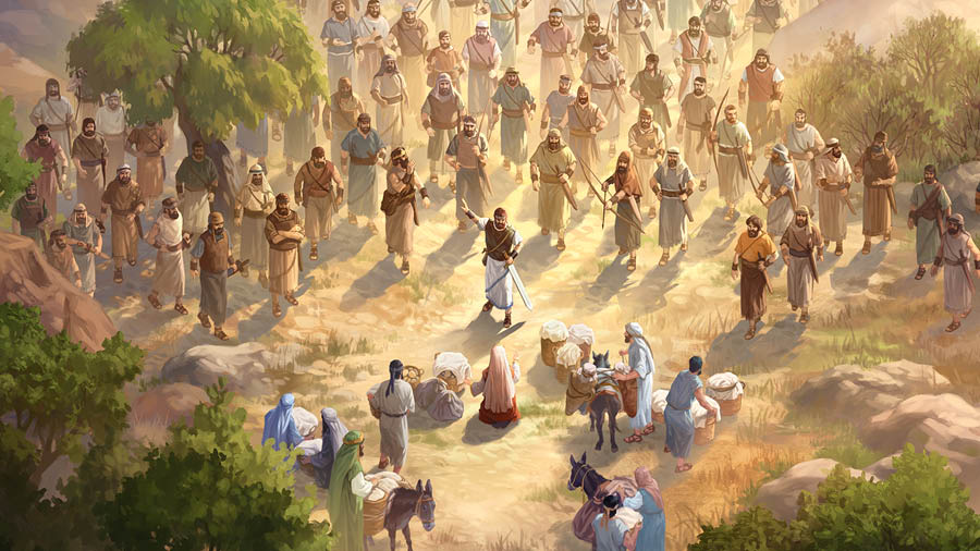 ಅಬೀಗೈಲ್‌ ದಾವೀದ ಮತ್ತು ಅವನ ಗಂಡಸರ ಮುಂದೆ ಮಂಡಿಯೂರಿದ್ದಾಳೆ. ಅವಳ ಸೇವಕರು ಅವ್ರಿಗೆ ಬೇಕಾದ ಆಹಾರವನ್ನ ಅವ್ರ ಮುಂದೆ ತಂದಿಡುತ್ತಿದ್ದಾರೆ.