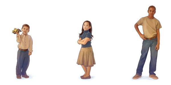 1. 네 살짜리 꼬마가 장난감을 들고 있는 모습; 2. 다섯 살짜리 여자아이가 팔짱을 끼고 있는 모습; 3. 열두 살짜리 남자아이가 한 손을 허리에 얹고 삐딱하게 서 있는 모습