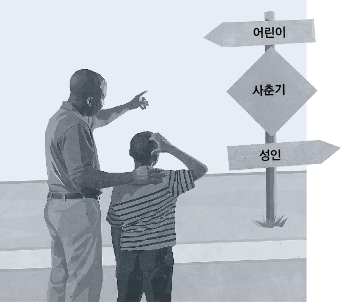 아버지와 아들이 아동기에서 성인기에 이르는 길에서 사춘기라고 적힌 표지판을 보는 모습