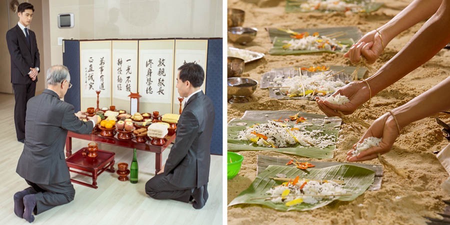 사람들이 사망한 사랑하는 이들을 위해 음식을 놓고 있는 모습