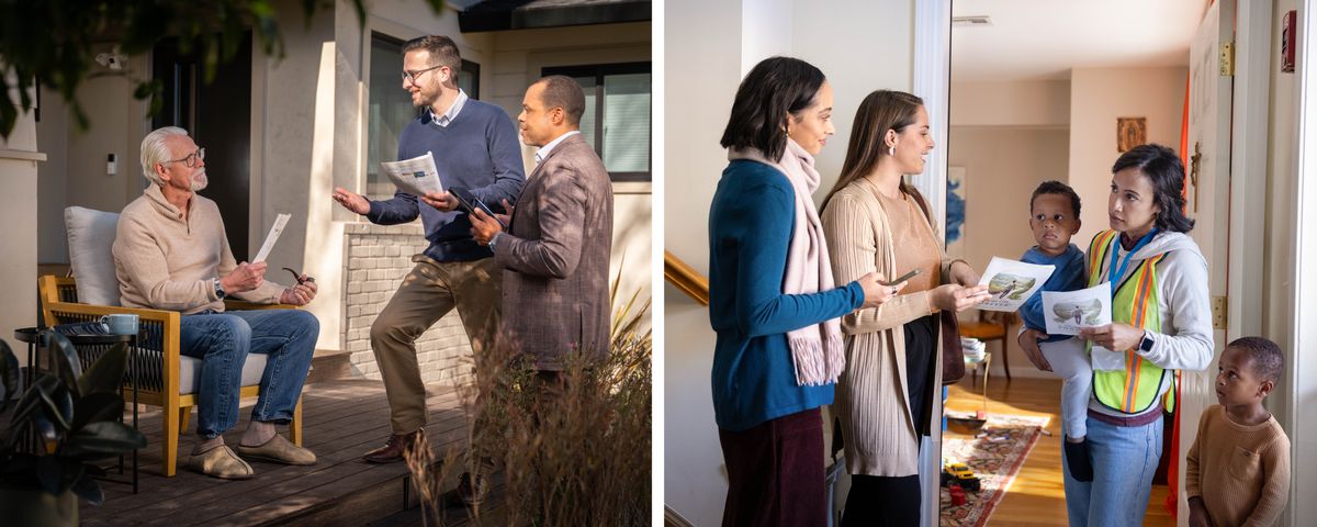 Serie de imágenes: 1. Dos hermanos le predican a un señor mayor que está sentado al aire libre en la entrada de su casa. 2. Dos hermanas le predican a una mujer en la puerta de su casa y le entregan el folleto “Disfrute de la vida”. La señora tiene a su hijo más pequeño en brazos y a su hijo mayor de pie junto a ella.