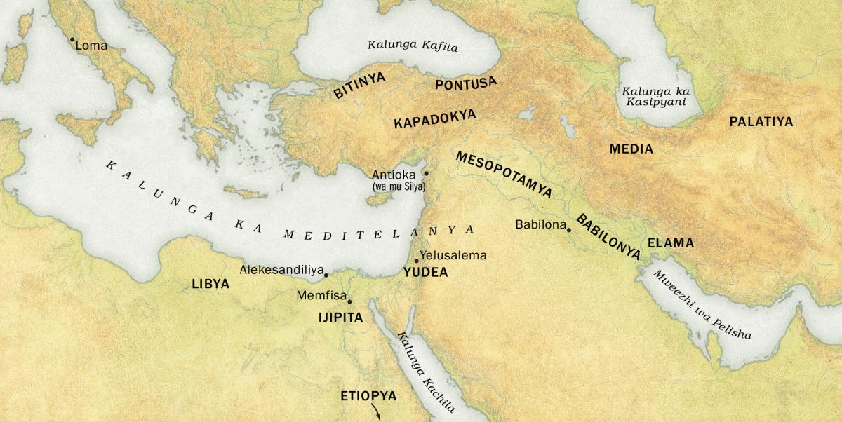 Mapu ubena kumwesha kwafumine bantu baumvwine mambo awama pa pentekosita mu 33 C.E. 1. Bibunji: Libya, Ijipita, Etiopya, Bitinya, Pontusa, Kapadokya, Mu Yudea, Mesopotamya, Babilonya, Elama, Media ne Palatiya. 2. Mizhi: Loma, Alekesandiliya, Memfisa, Antioka (wa mu Silya), Yelusalema ne Babilona. 3. Tulunga twa mema: Kalunga ka Meditelanya, Kalunga Kafita, Kalunga Kachila, Kalunga ka Kasipyani ne Mweezhi wa Pelisha.