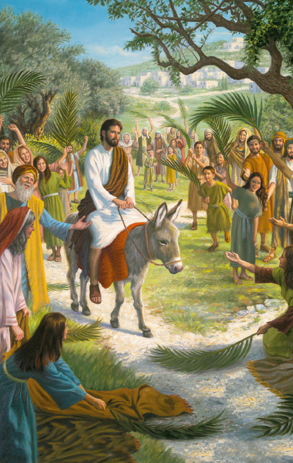 Yesu wakanjila pa mbongolo, bantu baji kwapela mukwakwa saka balama mapambo a bisonga mu maboko abo. Bakwabo babena kwanshika bivwalo byabo bya peulu ne misampi ya bichi mu mukwakwa.