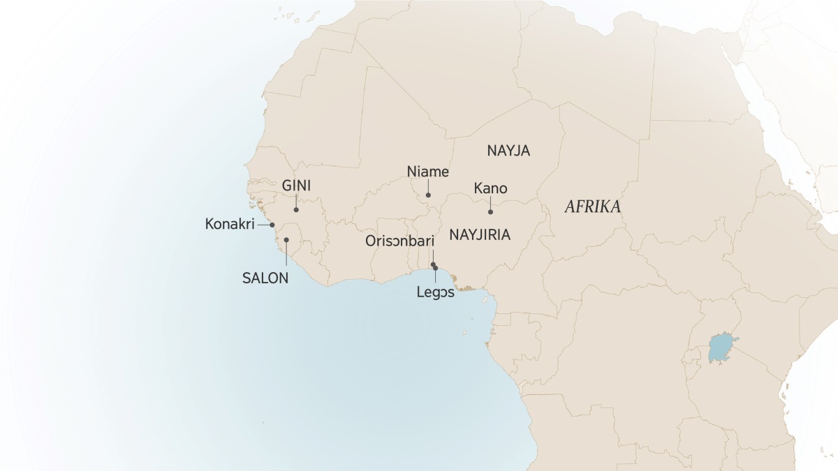Wɛst Afrika map we de sho sɔm ples dɛn usay Izrɛl Itajobi bin de ɛn sav: Konakri, Gini; Salon; Niame, Nayja; Kano, Orisɔnbari, ɛn Legɔs, Nayjiria.