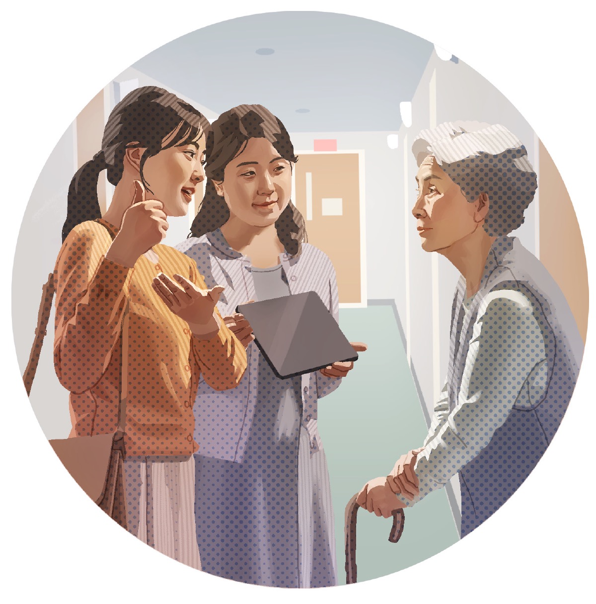 그가 연로한 여자에게 증거하는 모습. 성서 연구 사회자가 그와 함께 봉사하고 있습니다.