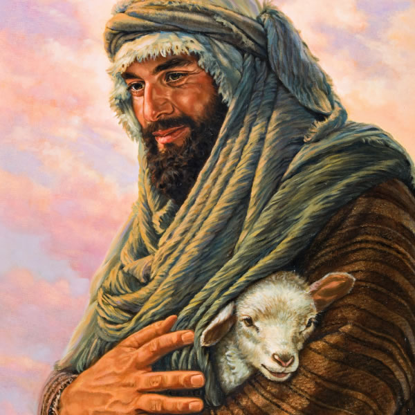 A shepherd holding a little lamb tenderly in the security of his bosom