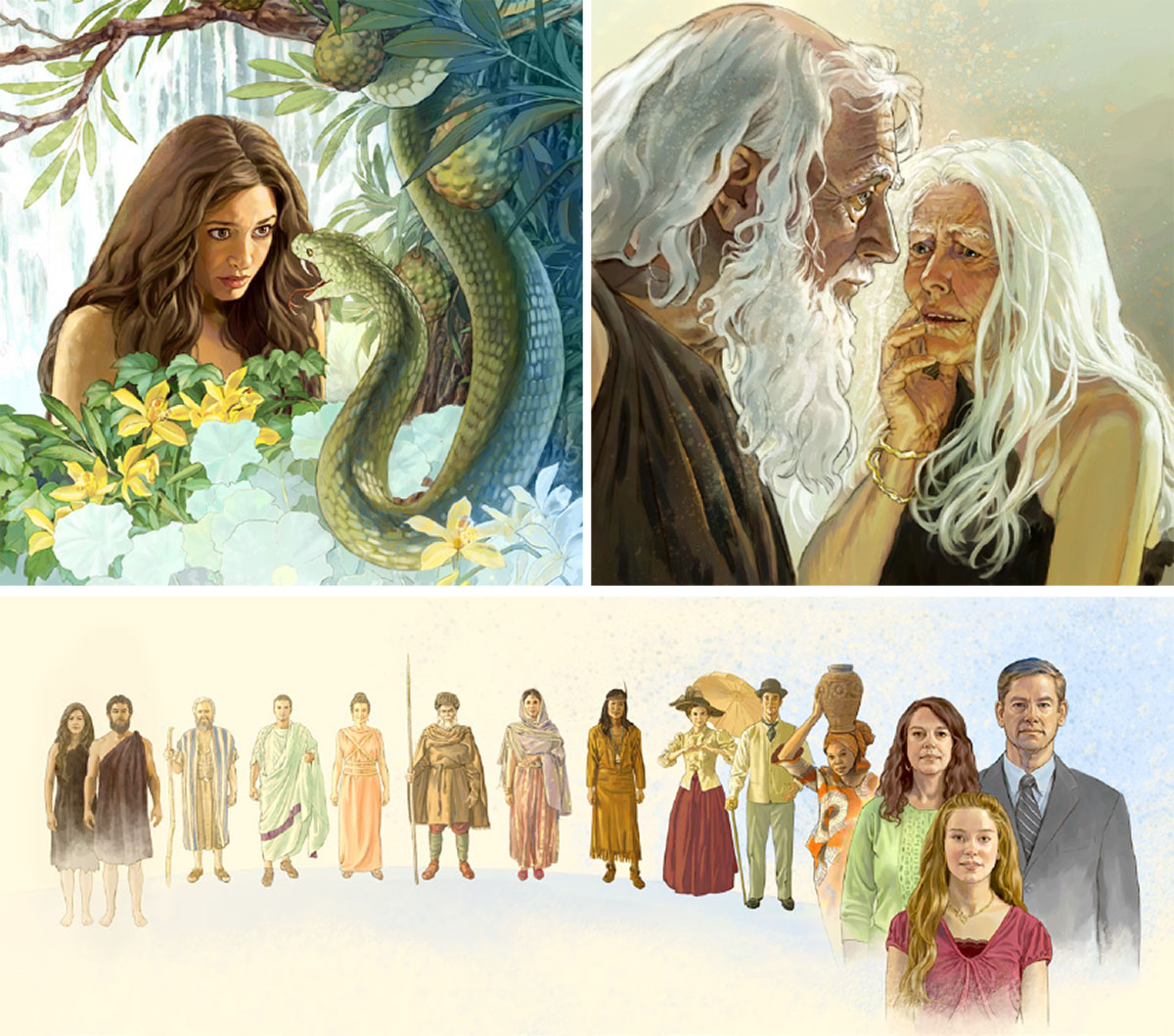 Collage: 1. Satana osadilanga e nioka mu mokena yo Eva. 2. Adami yo Eva banunini yo tovoka. 3. Lusansu lwa wantu tuka muna Adami yo Eva yamu lumbu yeto, lusonganga kolo, makanda ye kisi nsi kiaswaswana.