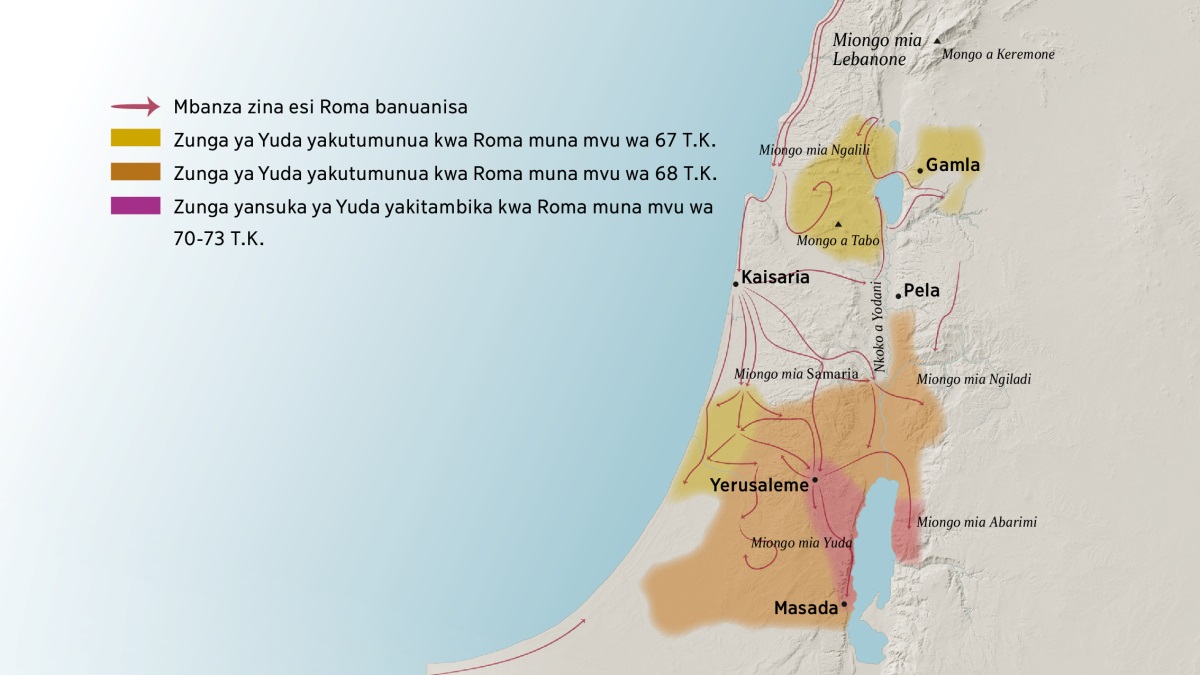 Mapa isonganga miaka miongo ye mbanz’a Isaele muna tandu kiantete. Kuna node a Yerusaleme muna ye miongo mia Lebanone, Ngalili, Samaria ye Ngiladi kumosi yo mongo a Keremone yo mongo a Tabo. E mbanza zina kuna node a Yerusaleme i Gamla, Kaisaria ye Pela. Kuna sude a Yerusaleme muna ye miongo mia Yuda ye Abarimi, kumosi ye mongo a Masada. E mapa isonganga mpe mbanza zina esi Roma banuanisa ye zunga ya Yuda ina bakutumuna muna mvu wa 67 ye 73 T.K.