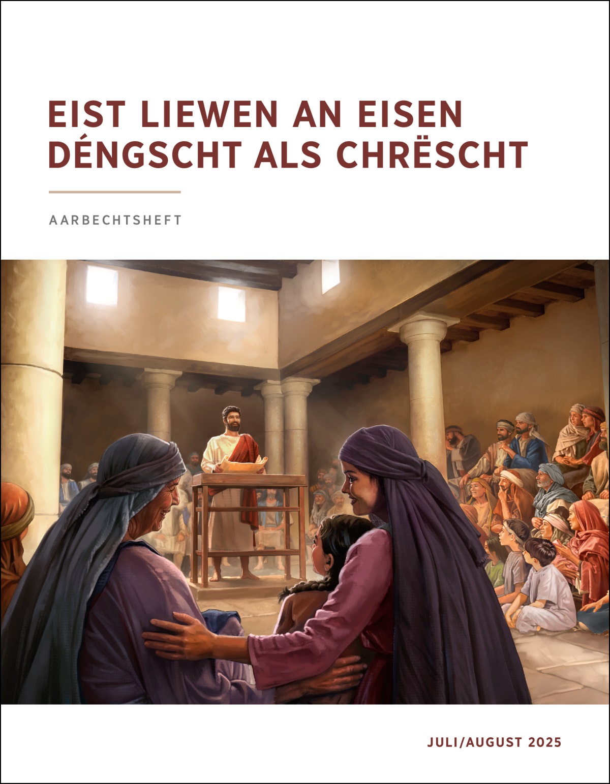 Jesus spricht in einer Synagoge und hält eine geöffnete Buchrolle in den Händen. Männer, Frauen und Kinder hören ihm aufmerksam zu.