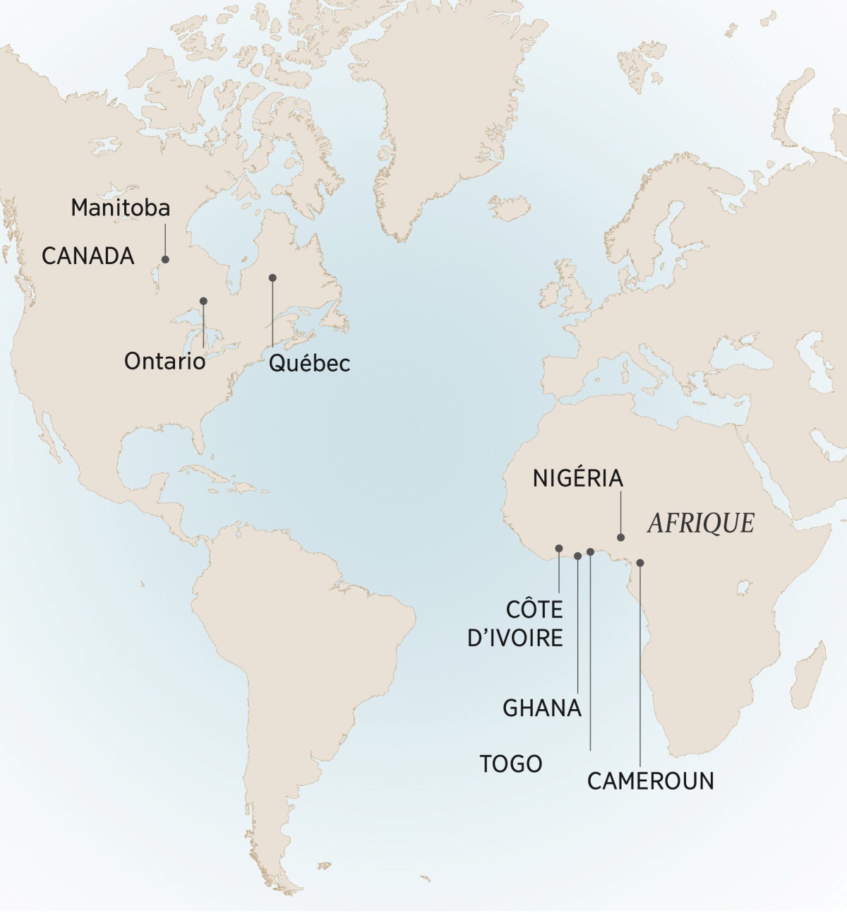 Karte yita songela mbuka zeri bêlaka André na zi keri sarilaka: Manitoba, Ontario, Quebec, Canada; Cameroun, Côte d’Ivoire, Ghana, Nigéria, na Togo, Afrique.