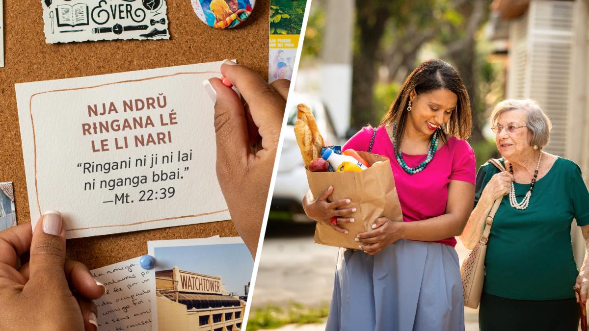 Collage: 1. “Ndrŭ rɨngana lé le li nari” ndirigoti Matayo 22:39 nǎ kʉ ná lo ddikpa le-ve ndi djó ná papie le li tablo djo. 2. Ddikpa le-ve ngó ngʉ ná le-ve dhó nyo d’u.