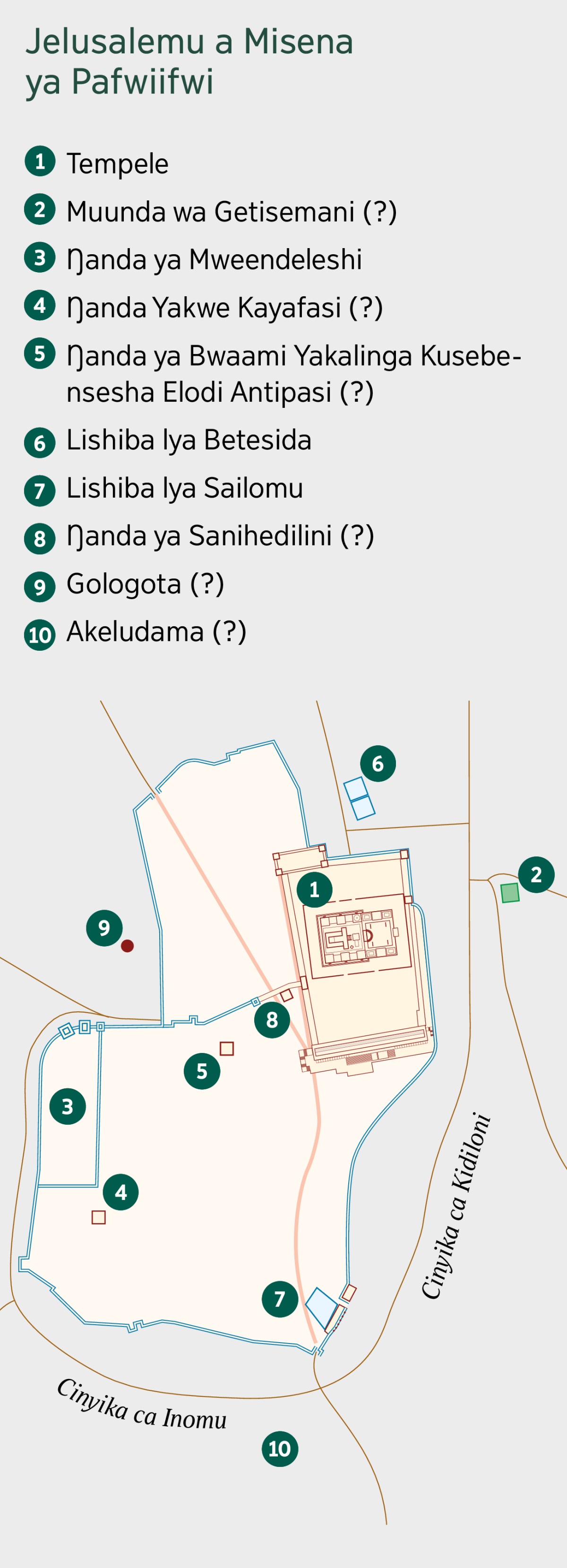 Maapu itootondesha Jelusalemu amisena imwi. Misena ishibikitwe alimwi itoyeeyelwa ayi njoyakalingaako. 1. Tempele. 2. Muunda wa Getisemani. 3. Ŋanda ya Mweendeleshi. 4. Ŋanda Yakwe Kayafasi. 5. Ŋanda ya Bwaami yakalinga kusebensesha Elodi. 6. Lishiba lya Betesida. 7. Lishiba lya Sailomu. 8. Ŋanda ya Sanihedilini. 9. Gologota. 10. Akeludama.