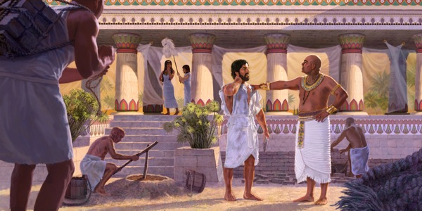 Abakozi ba Potifaali nga bakola emirimu; muka Potifaali ng’atunuulidde Yusufu