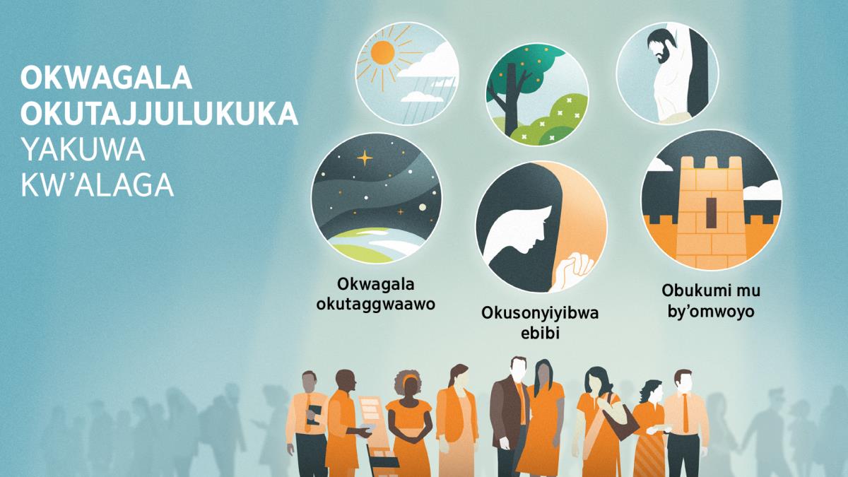 Abaweereza ba Yakuwa nga baawuliddwawo mu bantu abalala bonna. Ebifaananyi: Engeri Yakuwa gy’atulagamu okwagala okutajjulukuka. 1. Okwagala okungi okweyolekera ku nsi n’eggulu erijjudde emmunyeenye. 2. Okusonyiyibwa ebibi, okulagiddwa nga mwannyinaffe asaba. 3. Obukuumi mu by’omwoyo, okufaananako ekibuga ekyetooloddwa bbugwe omugulumivu. Ekifaananyi ekiri emabega kiraga engeri Yakuwa gy’alagamu abantu bonna okwagala. 4. Omusana n’enkuba. 5. Ebimuli, ebimera, n’emiti. 6. Ekinunulo.