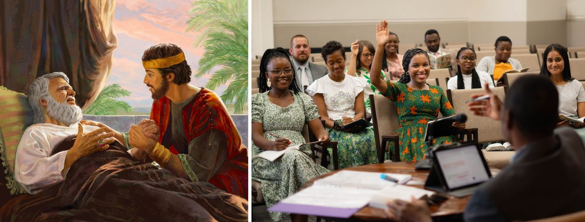 Ebifaananyi: 1. Dawudi ng’anaatera okufa era ayogerako ne Sulemaani. 2. Ab’oluganda ne bannyinaffe nga bali mu Ssomero lya Bapayoniya. Mwannyinaffe awanise omukono okubaako ky’addamu.