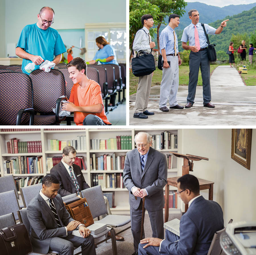 Collage: Appointed men taking the lead in the congregation. 1. The elder and one young brother cleaning the Kingdom Hall chairs. 2. The elder taking the lead in the house-to-house work. 3. The elder praying during elder meeting.