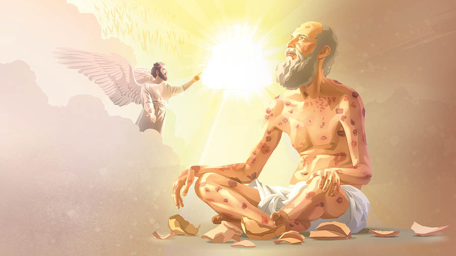 Satan in heaven, accusing Job before Jehovah. Job sits on the ground with boils all over his body.