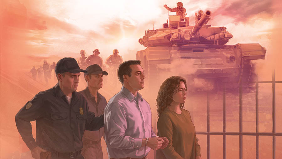 Collage: Examples of oppression. 1. A soldier rides on a military tank as other soldiers follow on foot. 2. Police officers escort a Witness couple in handcuffs.