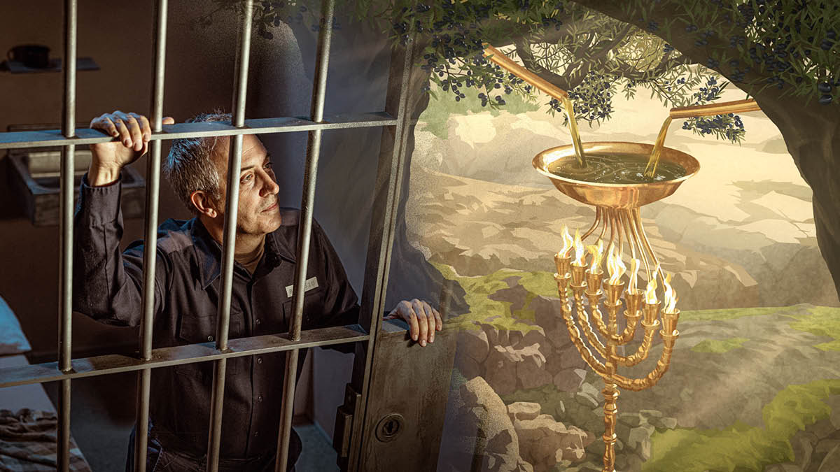 A brother in prison imagining two olive trees supplying oil to a lampstand that has seven lamps.