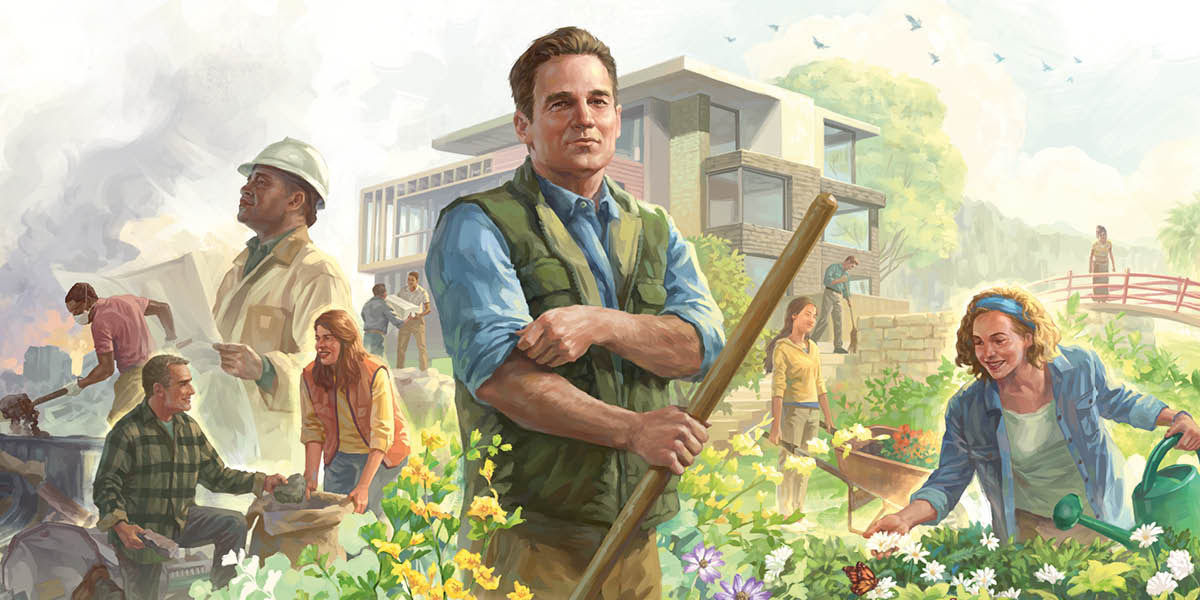 People working to make the earth paradise. Some of them cleaning the dirt, other people building house, and some of them making garden.