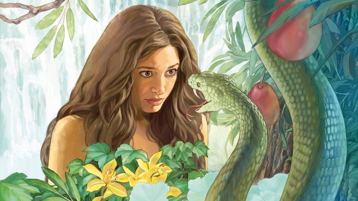 Satan using the snake to talk to Eve.