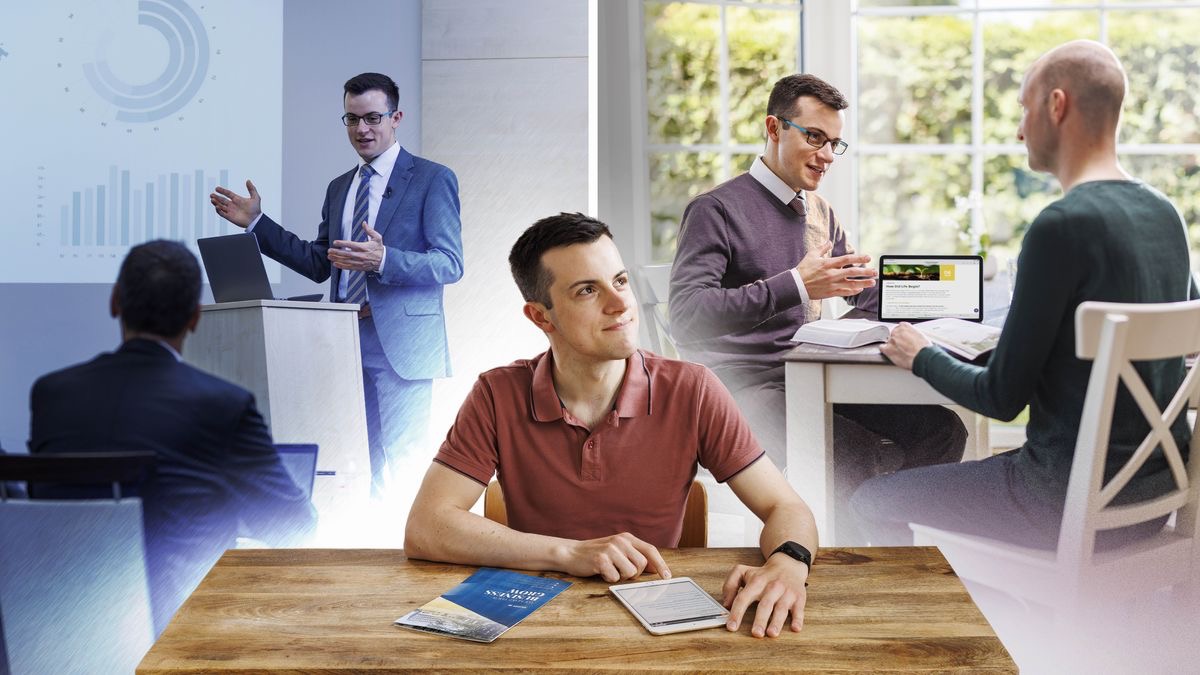 Collage: The young brother thinking on which one of the two goals to choose. 1. He imagining that he businessman teaching people to one big business meeting. 2. He also imagining that he conducting Bible study with one man.