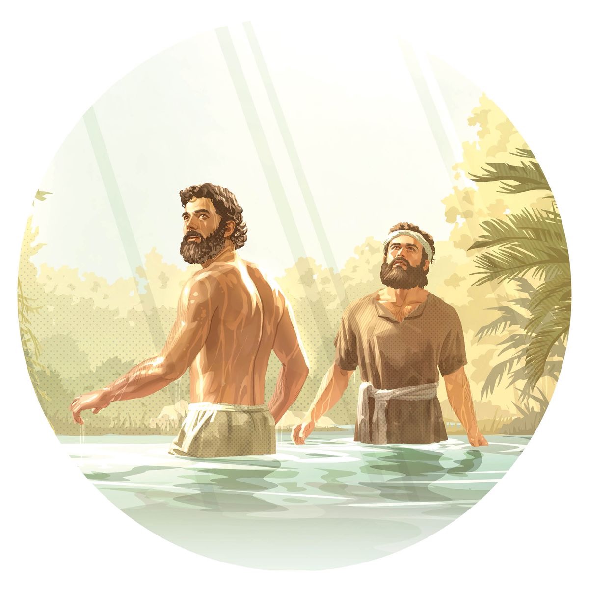 Jesus and John the Baptist standing in the water and listening to the voice from heaven after Jesus got baptize.