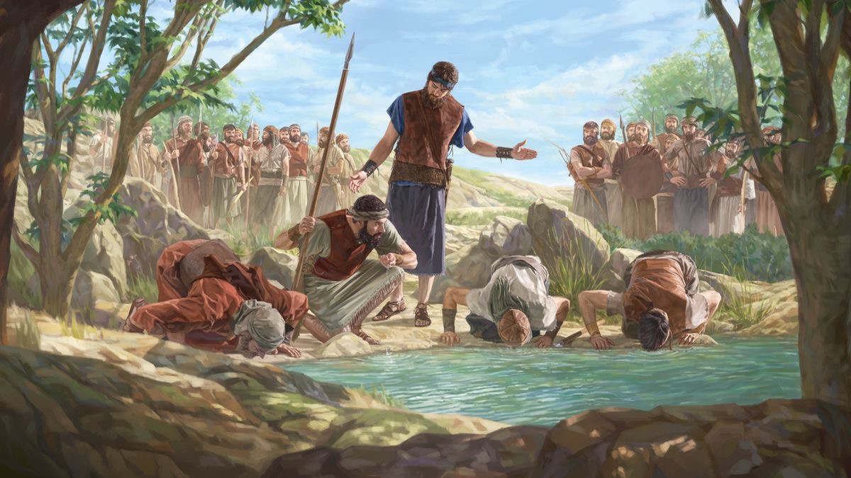 Gideon watching Israelite men drink from a body of water. One of them uses his hand to lift water to his mouth, while the rest put their faces down to the water to drink.