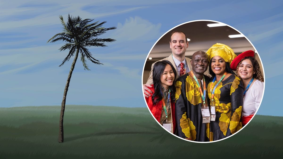 The tree bending when the heavy breeze blowing. One of the other picture showing brothers and sisters from different-different backgrounds, standing to take picture together to one convention. They wear different-different clothes that alright for Christians.