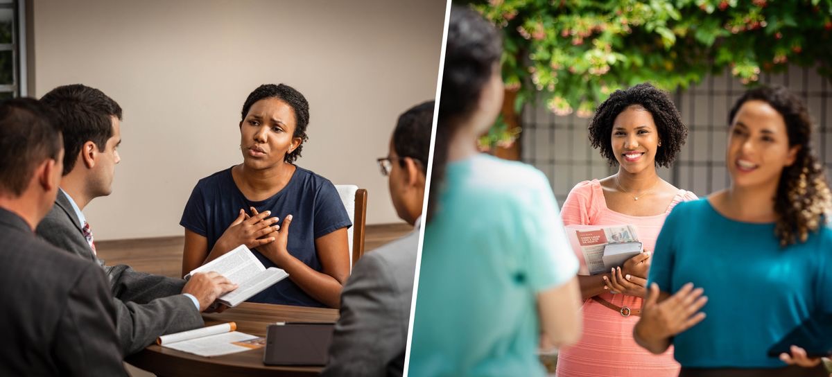 Collage: 1. The sister telling the three elder them how she feeling bad about her mistake. 2. Later, she happy working with another sister in the field service.