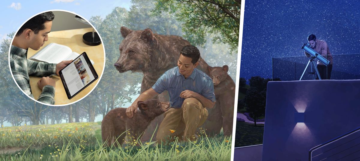 One brother using the chart “The Message of the Bible” in Appendix B1 of the “New World Translation” to help him understand the Bible good-good. Collage: 1. In the new world, the brother playing with the small bear and the ma behind him with another baby. 2. He using something they call telescope to see plenty stars in the night.