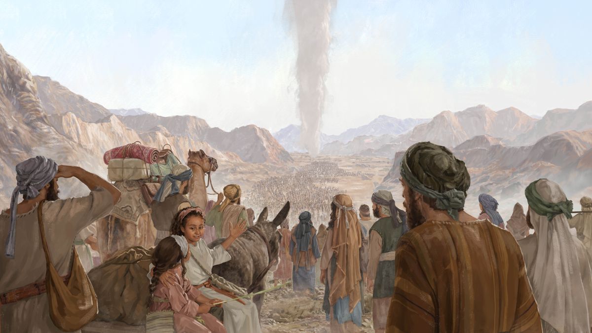 Plenty Israelite men, women, and children following the pillar of cloud in the wilderness.